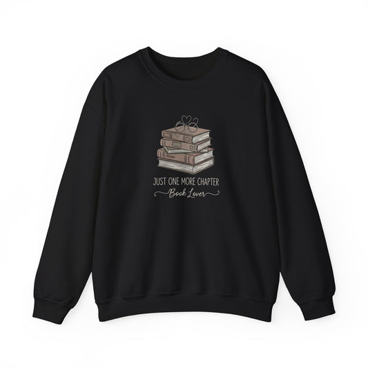Black sweatshirt with book-themed design and text on a white background