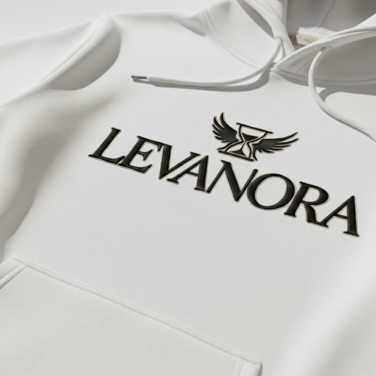 White hoodie close up shot with 'LEVANORA' logo on a white background