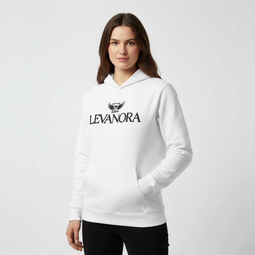 Woman wearing a White hoodie with the logo "LEVANORA" and a sand clock with wings