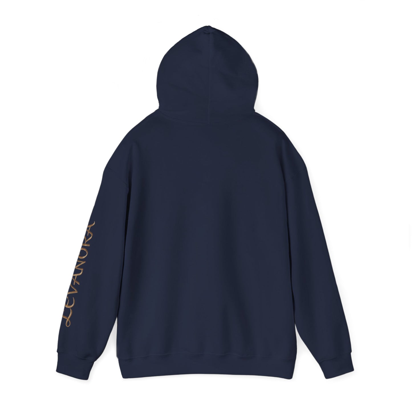 Navy blue hoodie with text on sleeve against a plain background