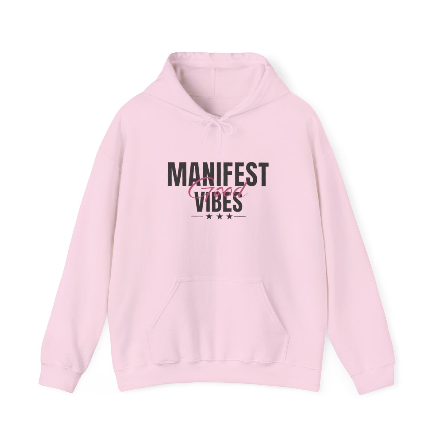Light Pink hoodie with 'Manifest Good Vibes' text on a white background