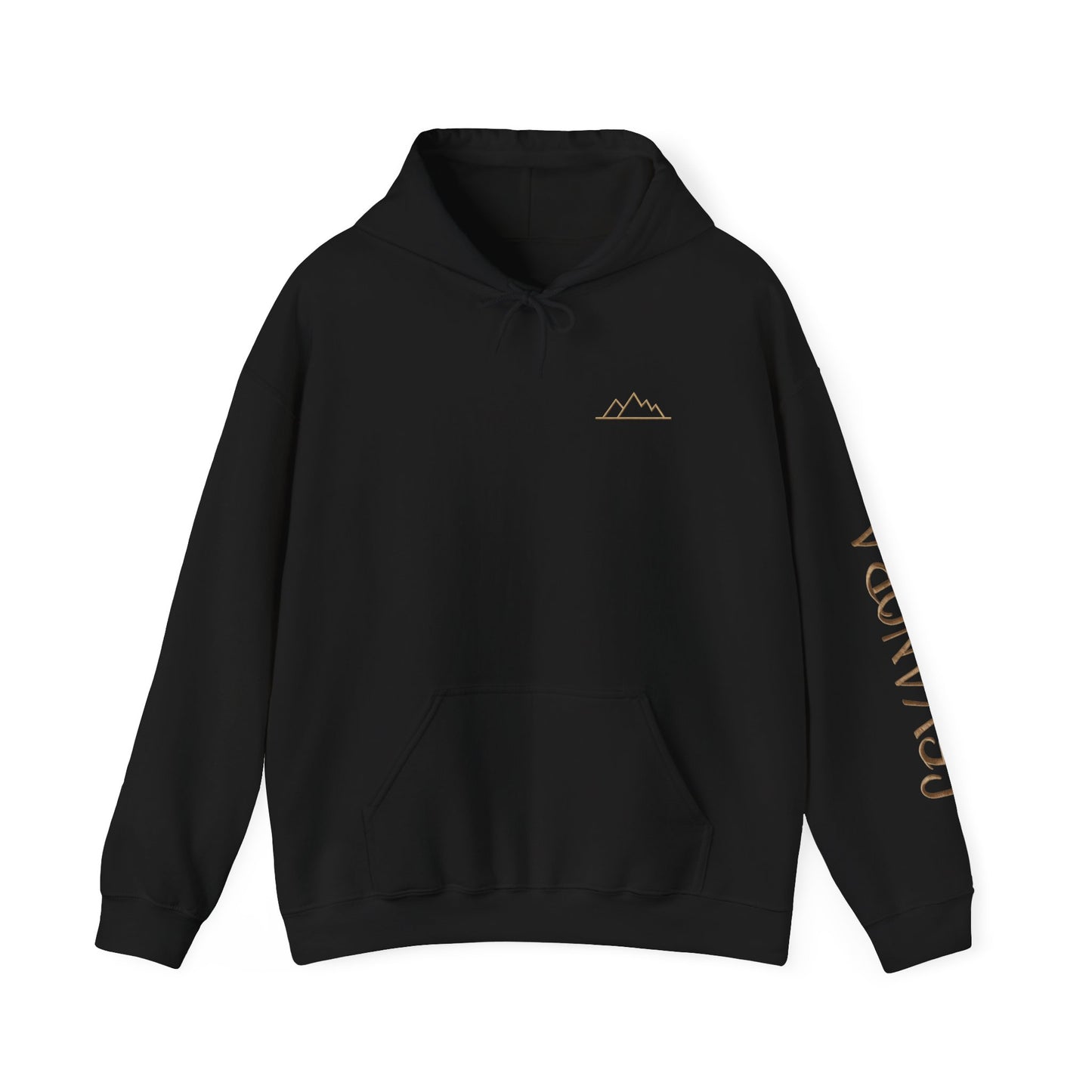 Black hoodie with gold mountain logo on chest and text on sleeve against a white background