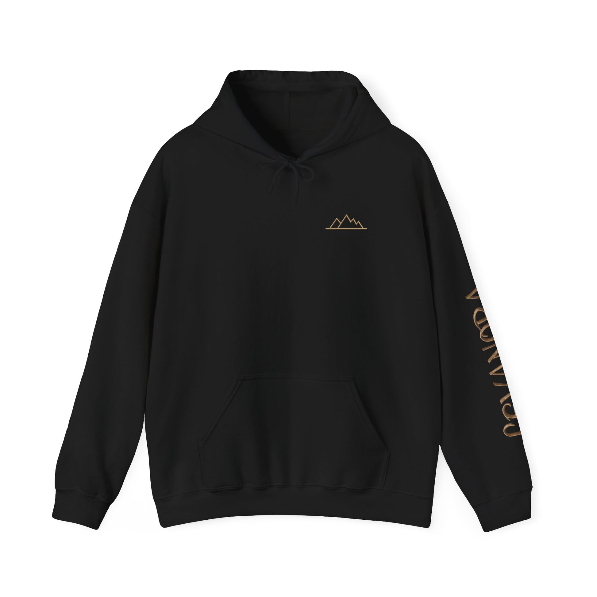 Black hoodie with gold mountain logo on chest and text on sleeve against a white background