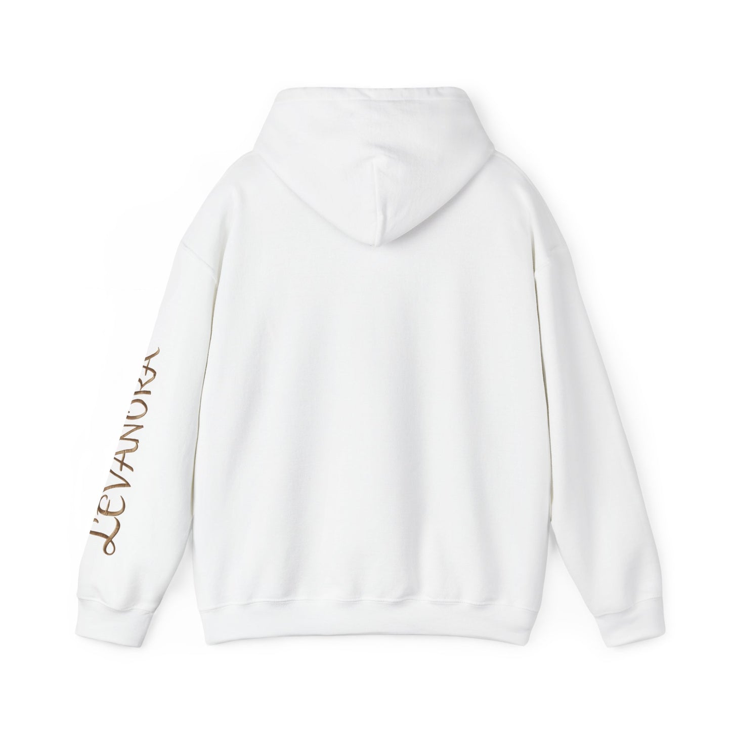 White hoodie with 'LEVANORA' branding on the back against a white background