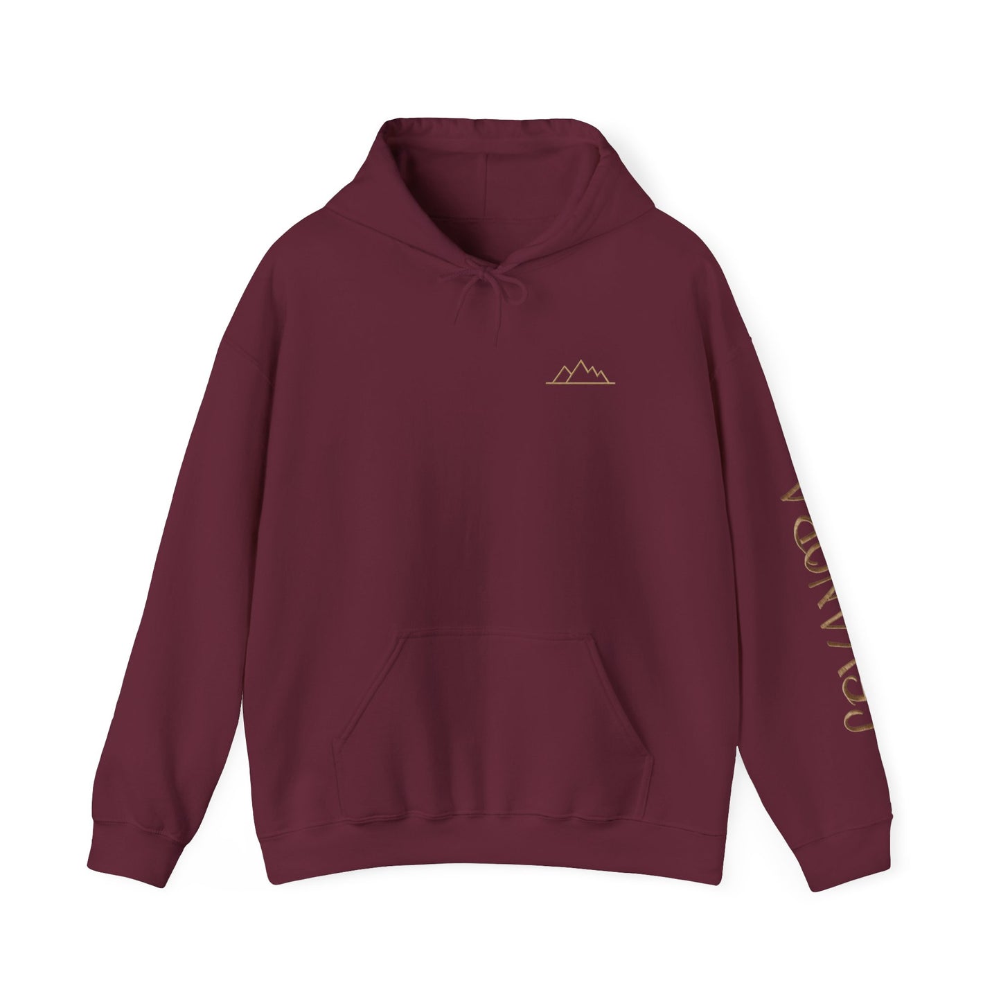 Maroon hoodie with mountain logo on a plain background