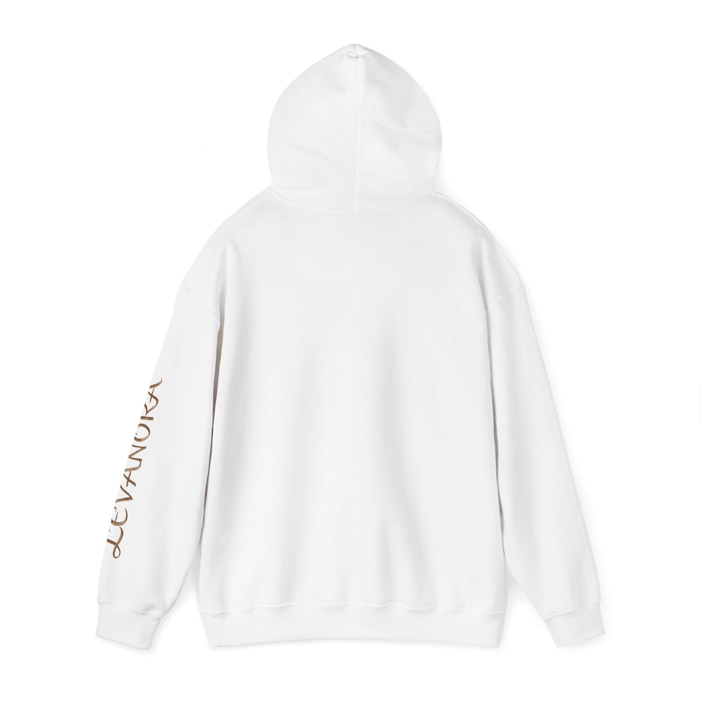 White hoodie with brand logo on sleeve against a white background