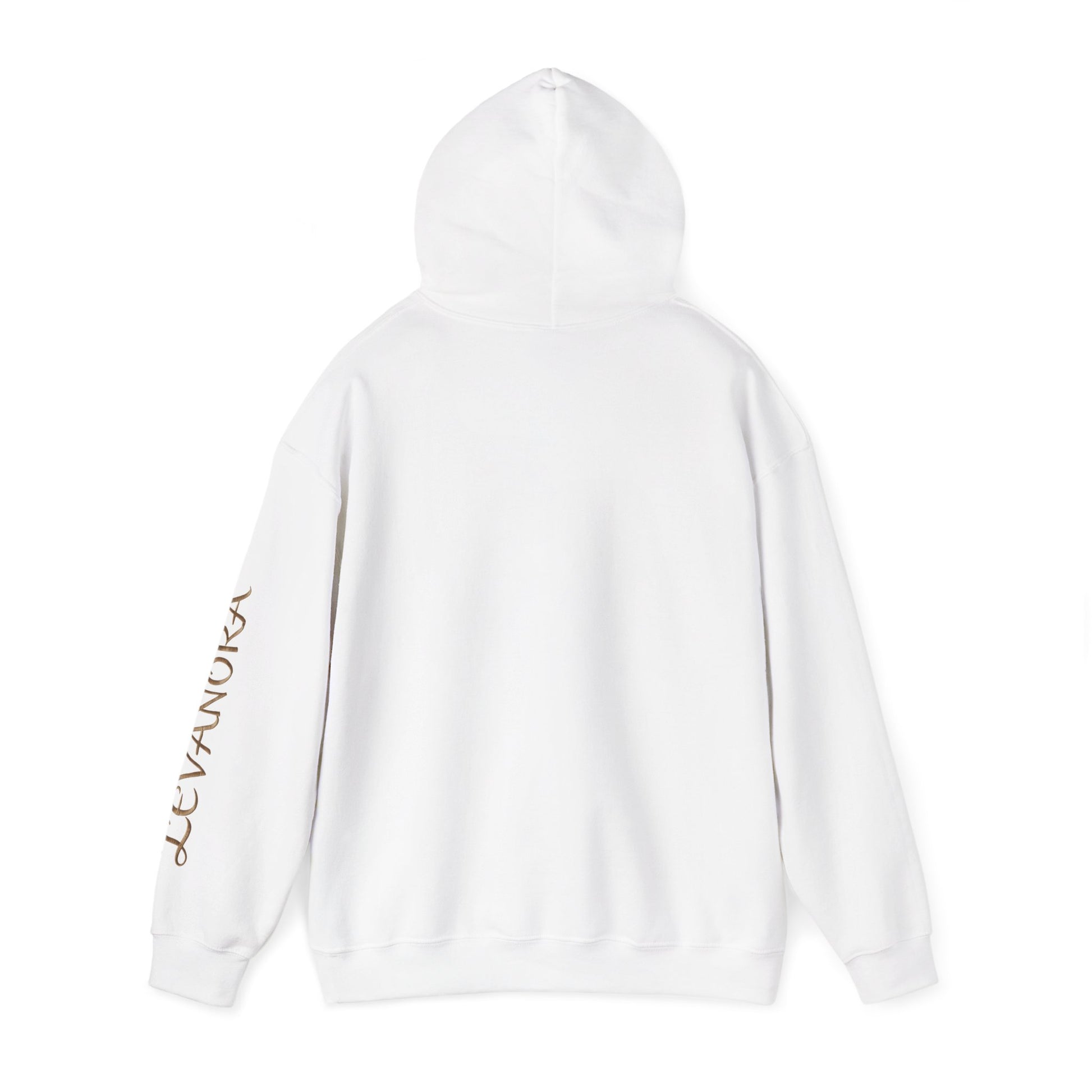 White hoodie with brand logo on sleeve against a white background