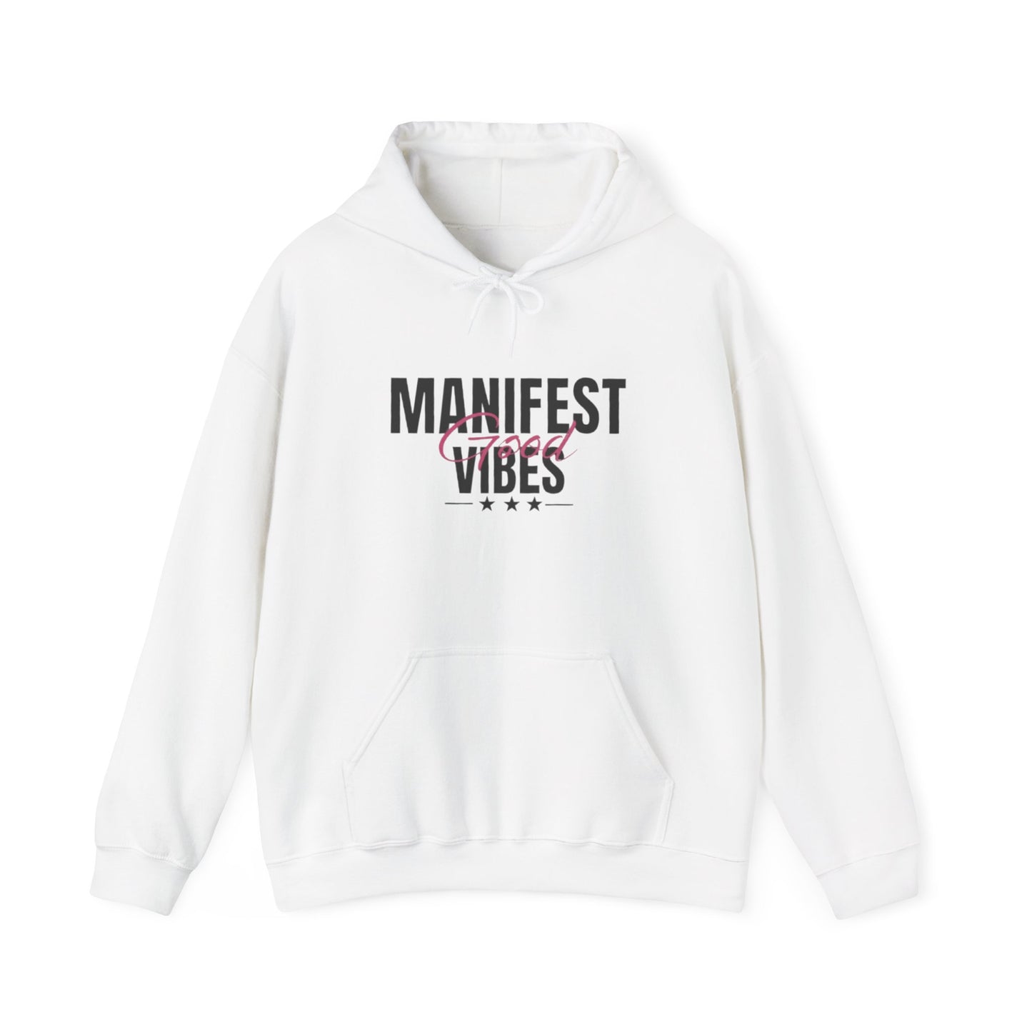 White hoodie with 'Manifest Good Vibes' text on a white background