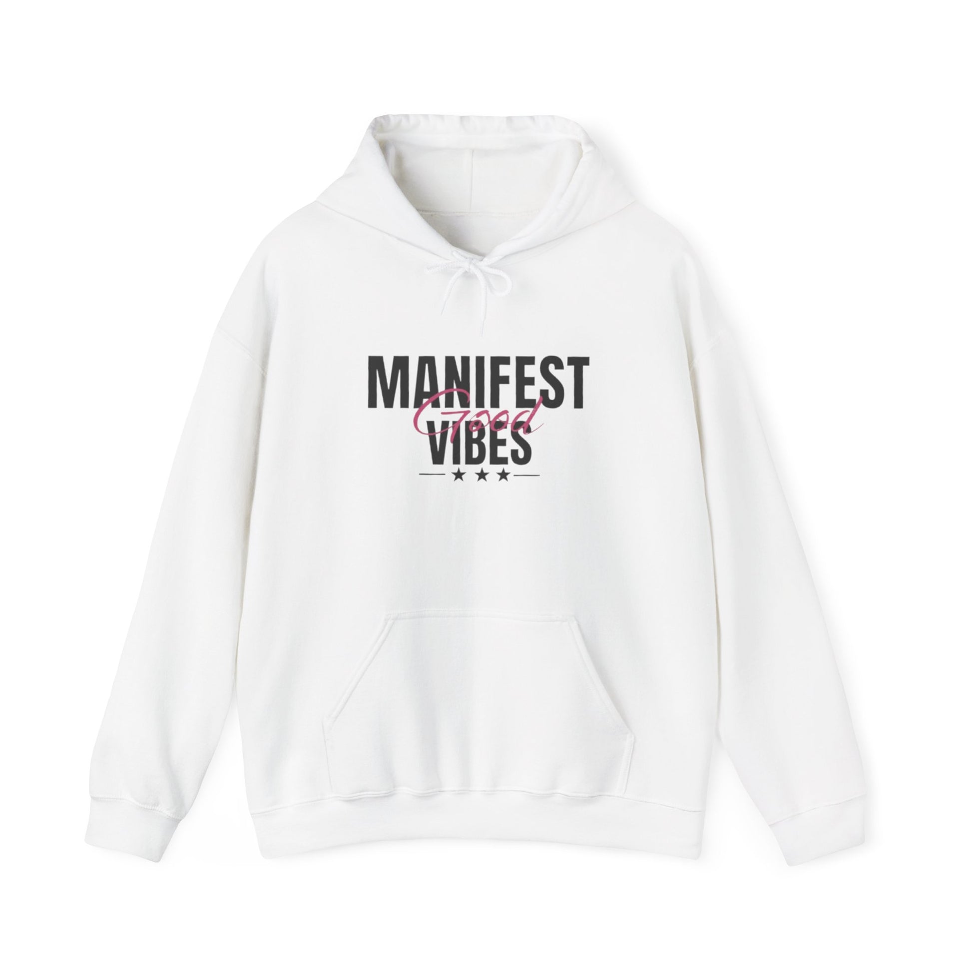 White hoodie with 'Manifest Good Vibes' text on a white background