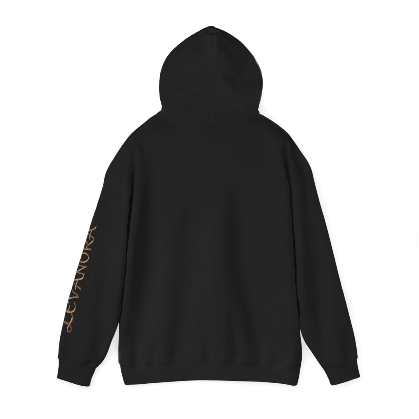 Black hoodie with gold text on sleeve against a white background