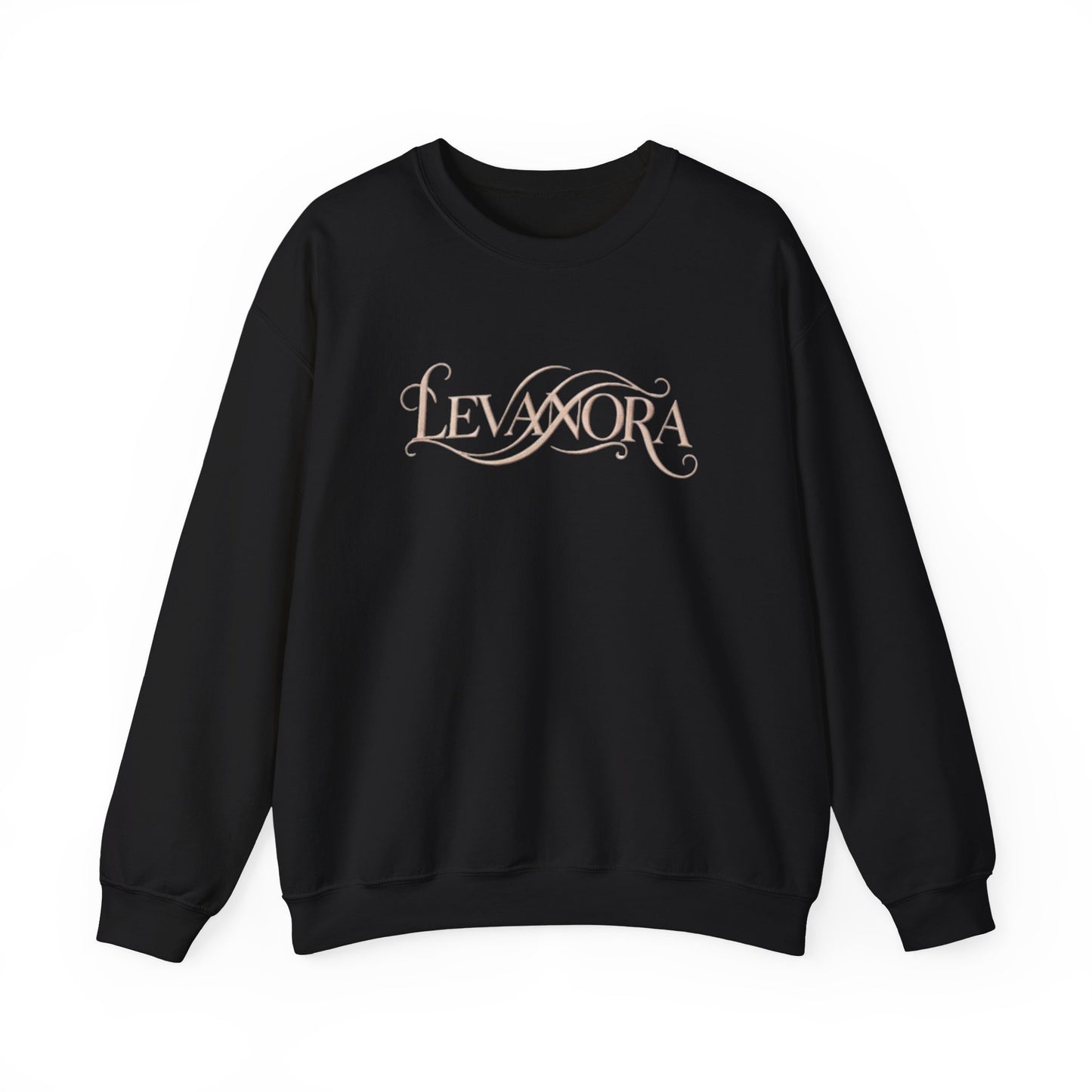 Black sweatshirt with 'LEVANORA' logo on a white background