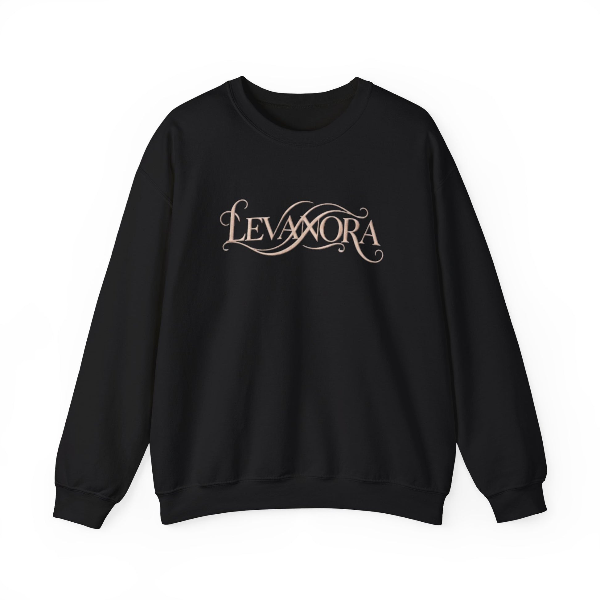 Black sweatshirt with 'LEVANORA' logo on a white background