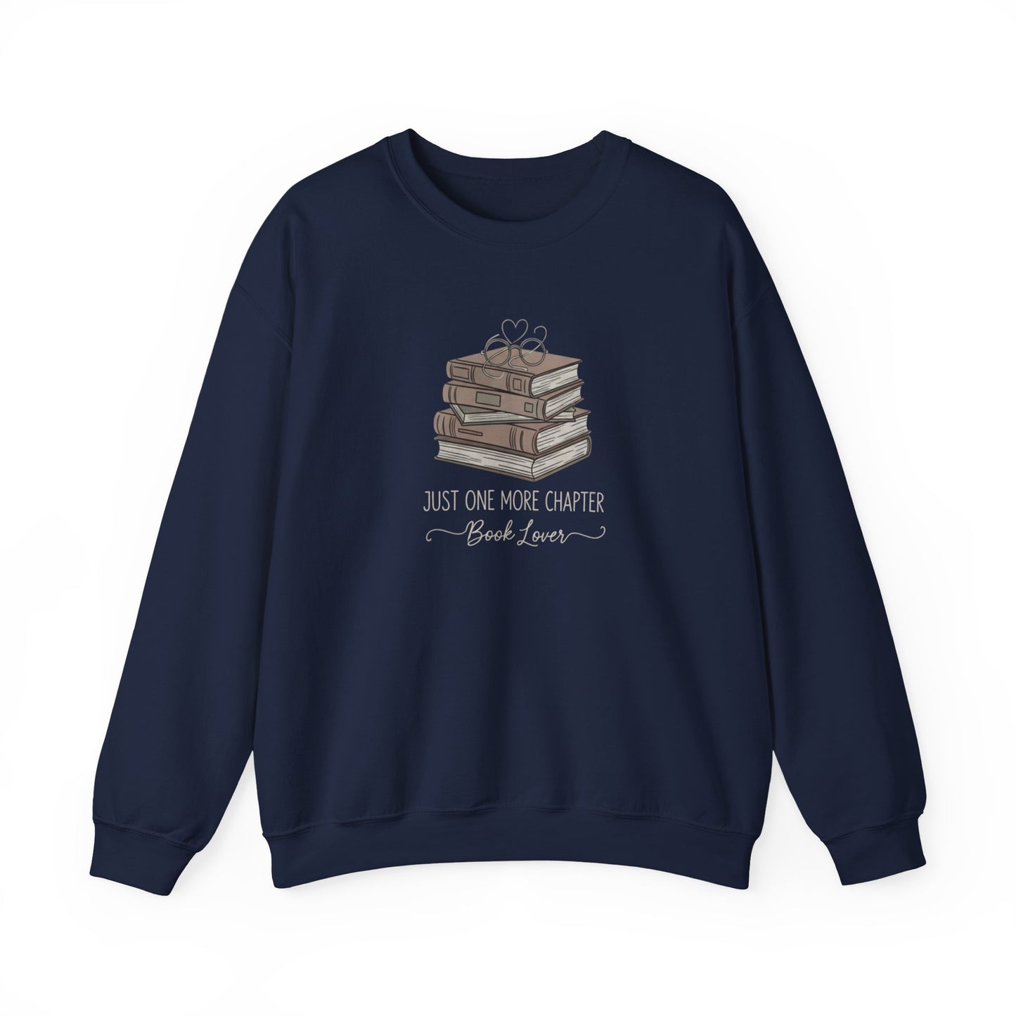 Navy blue sweatshirt with book design and text on a white background
