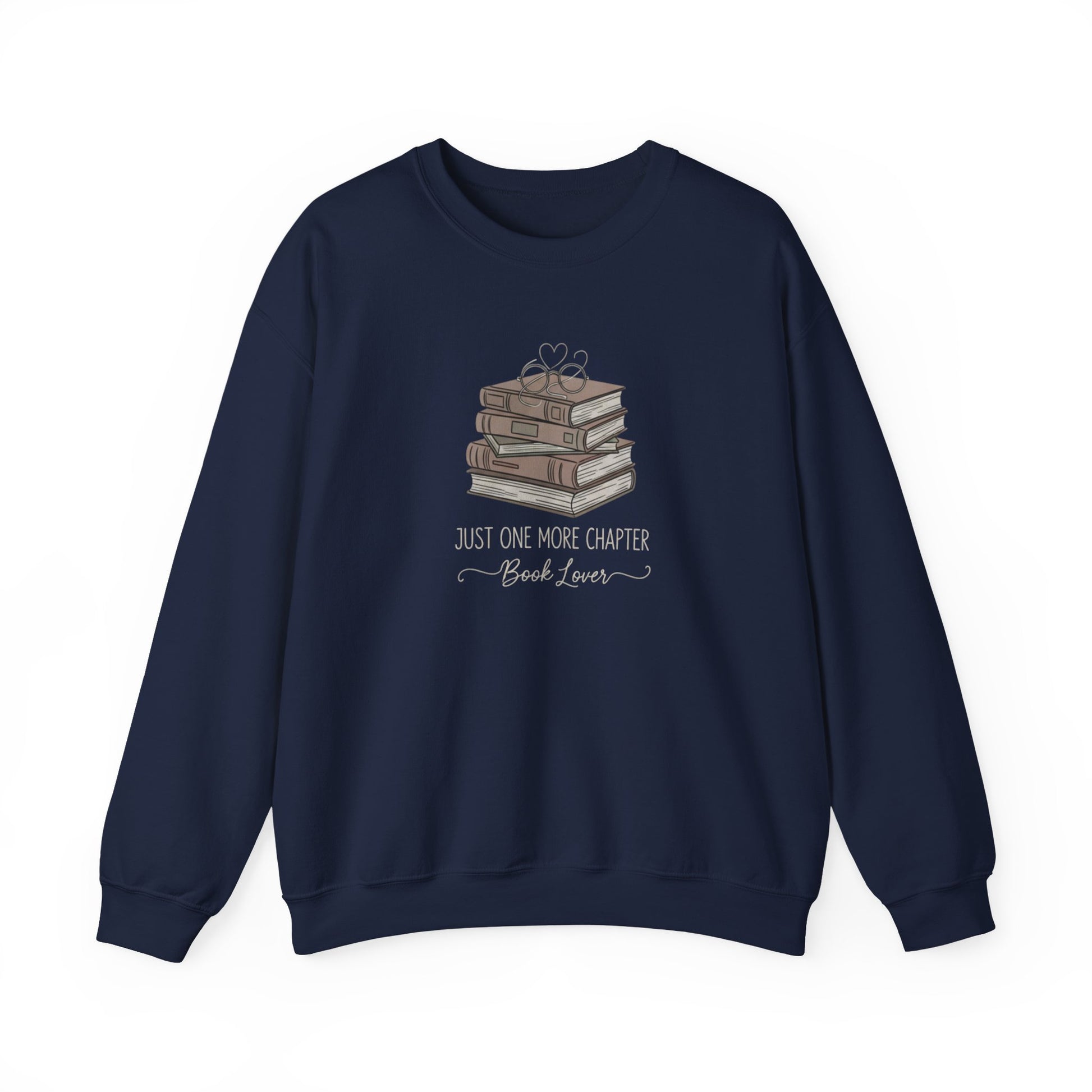 Navy blue sweatshirt with book design and text on a white background