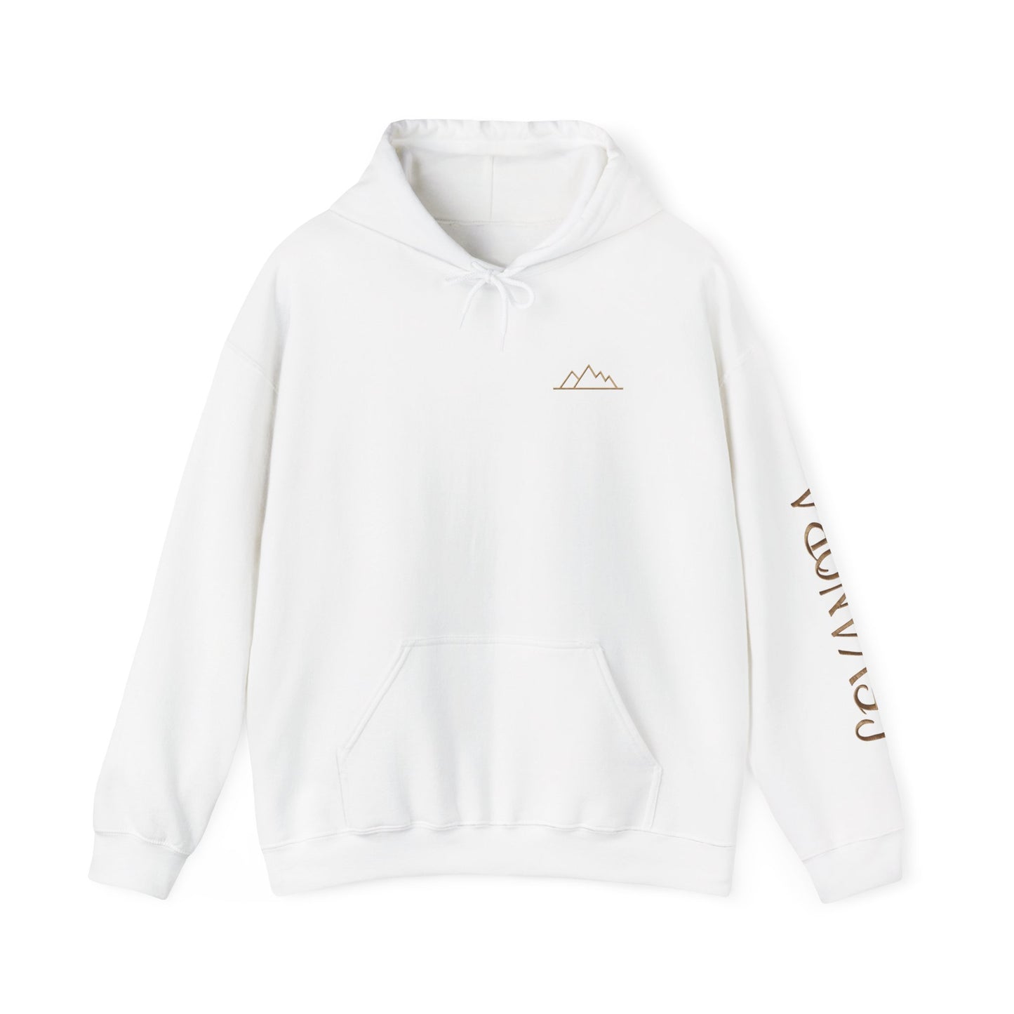 White hoodie with mountain and text design on a white background