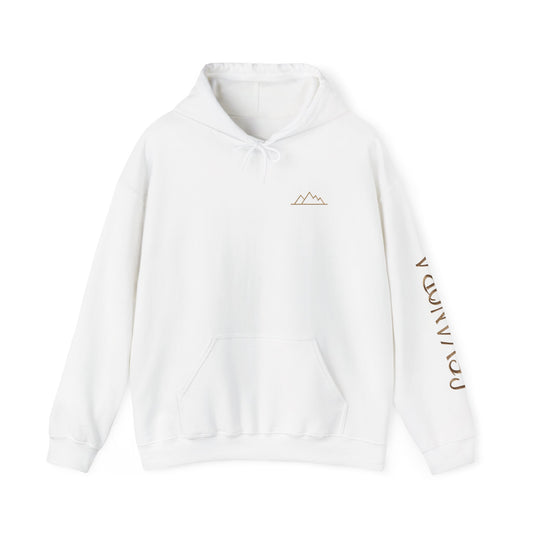 White hoodie with mountain and text design on a white background