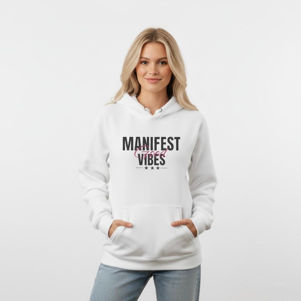 Woman wearing a White hoodie with 'Manifest Good Vibes' text on a white background