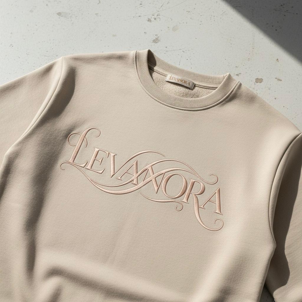 Sand sweatshirt with 'Levanora' branding on a textured surface