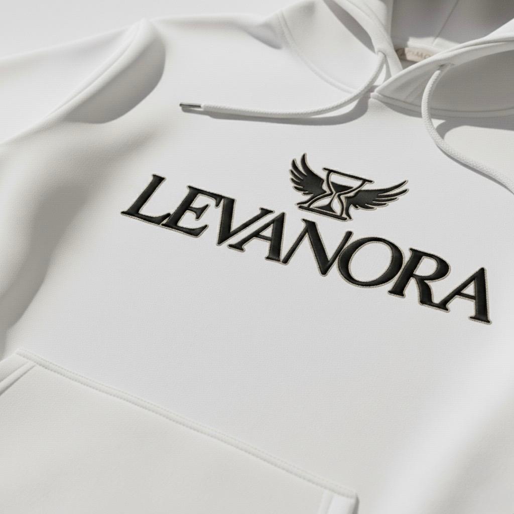 White hoodie close up shot with 'LEVANORA' logo on a white background