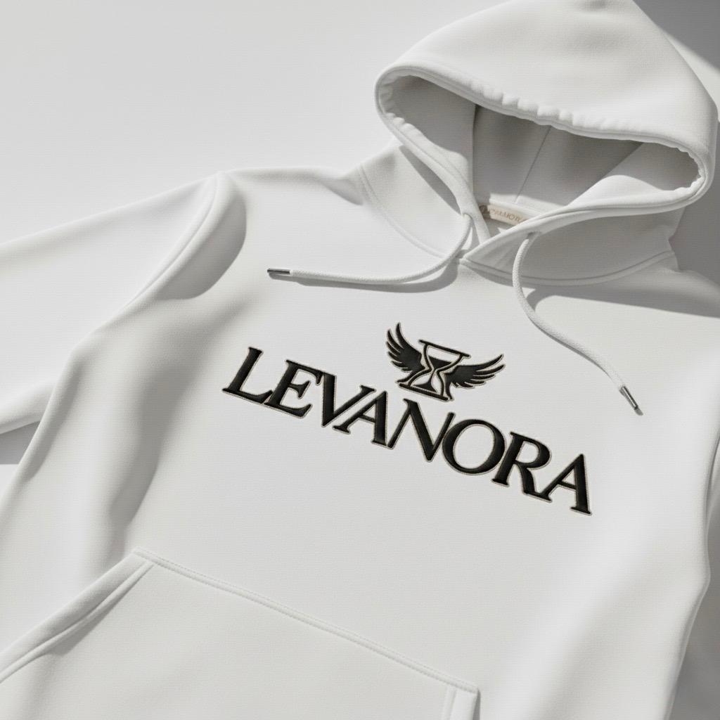 White hoodie with 'Levanora' logo on a white background