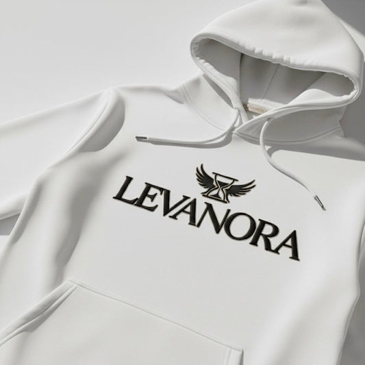 White hoodie with 'Levanora' logo on a white background