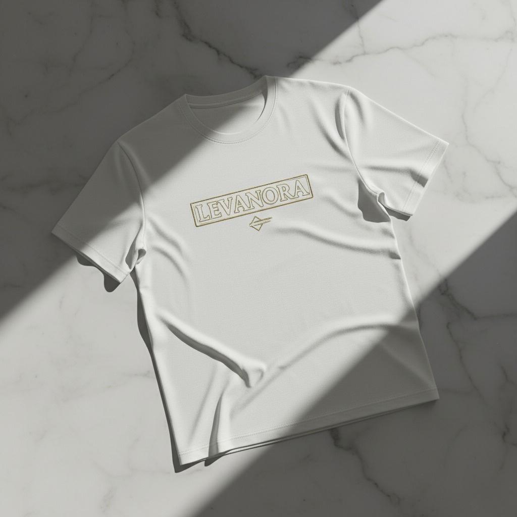 White t-shirt with 'LEVANORA' logo on a marble surface