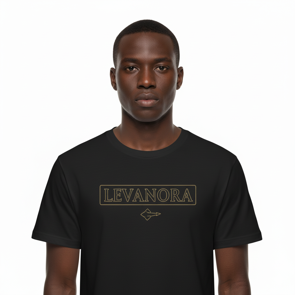 Man wearing a Black t-shirt with 'LEVANORA' logo on a white background