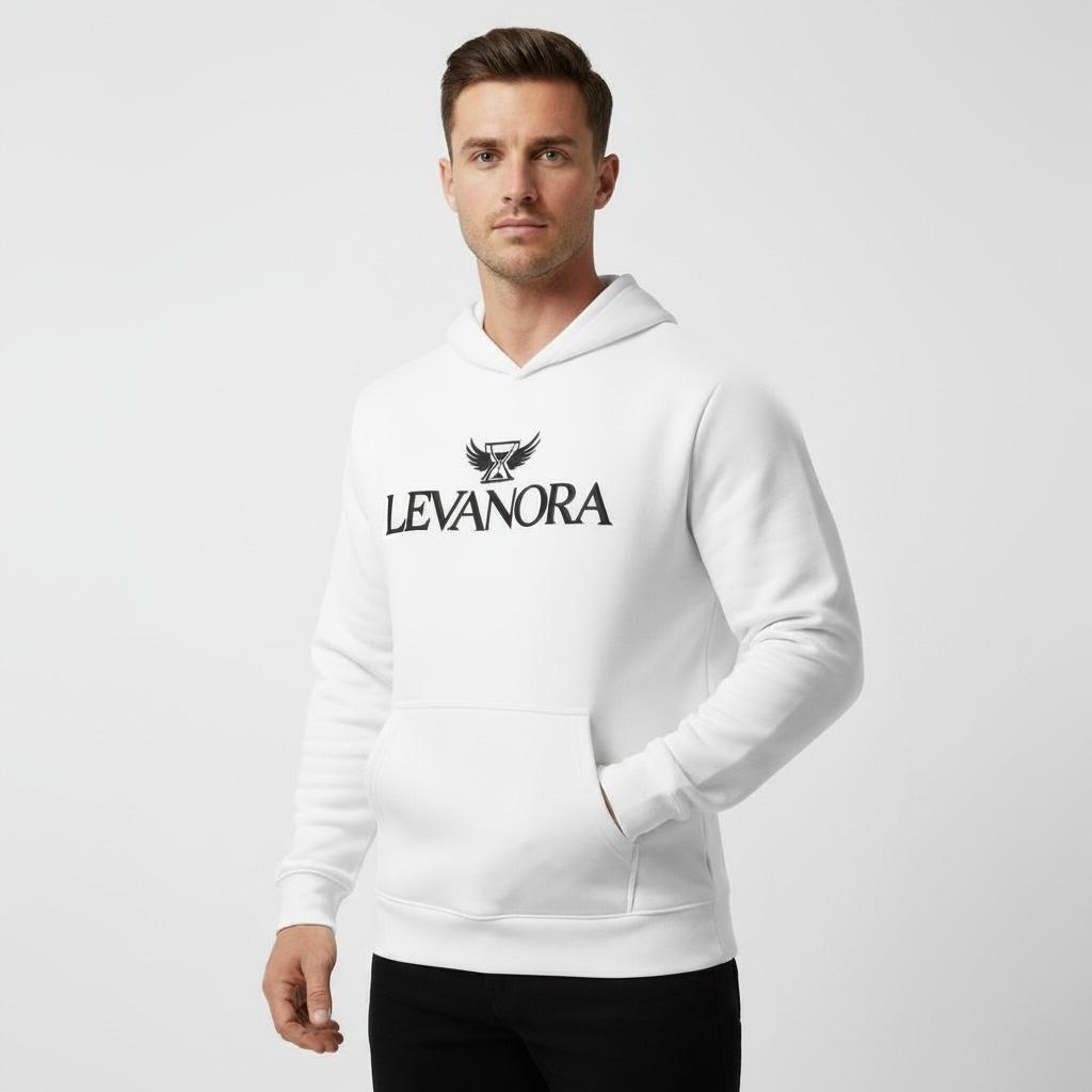 Man wearing a White hoodie with the logo "LEVANORA" and a sand clock with wings