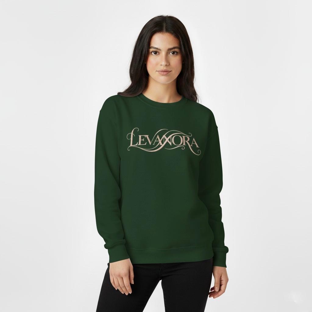 Woman wearing a Forest Green sweatshirt with 'LEVANORA' logo on a white background