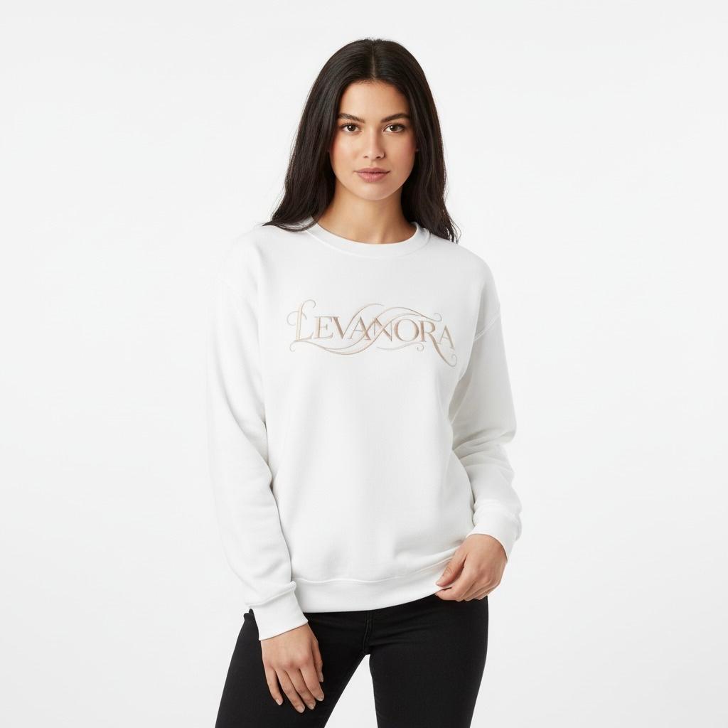 Woman wearing a White sweatshirt with 'Levanora' logo on a white background