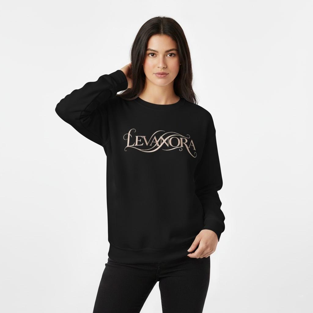 Woman wearing a Black sweatshirt with 'Levanora' logo on a white background