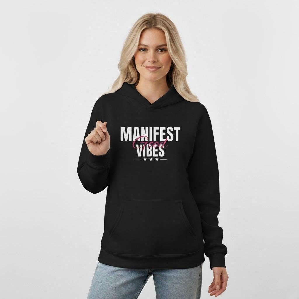 Woman wearing a Black hoodie with 'Manifest Good Vibes' text on a white background