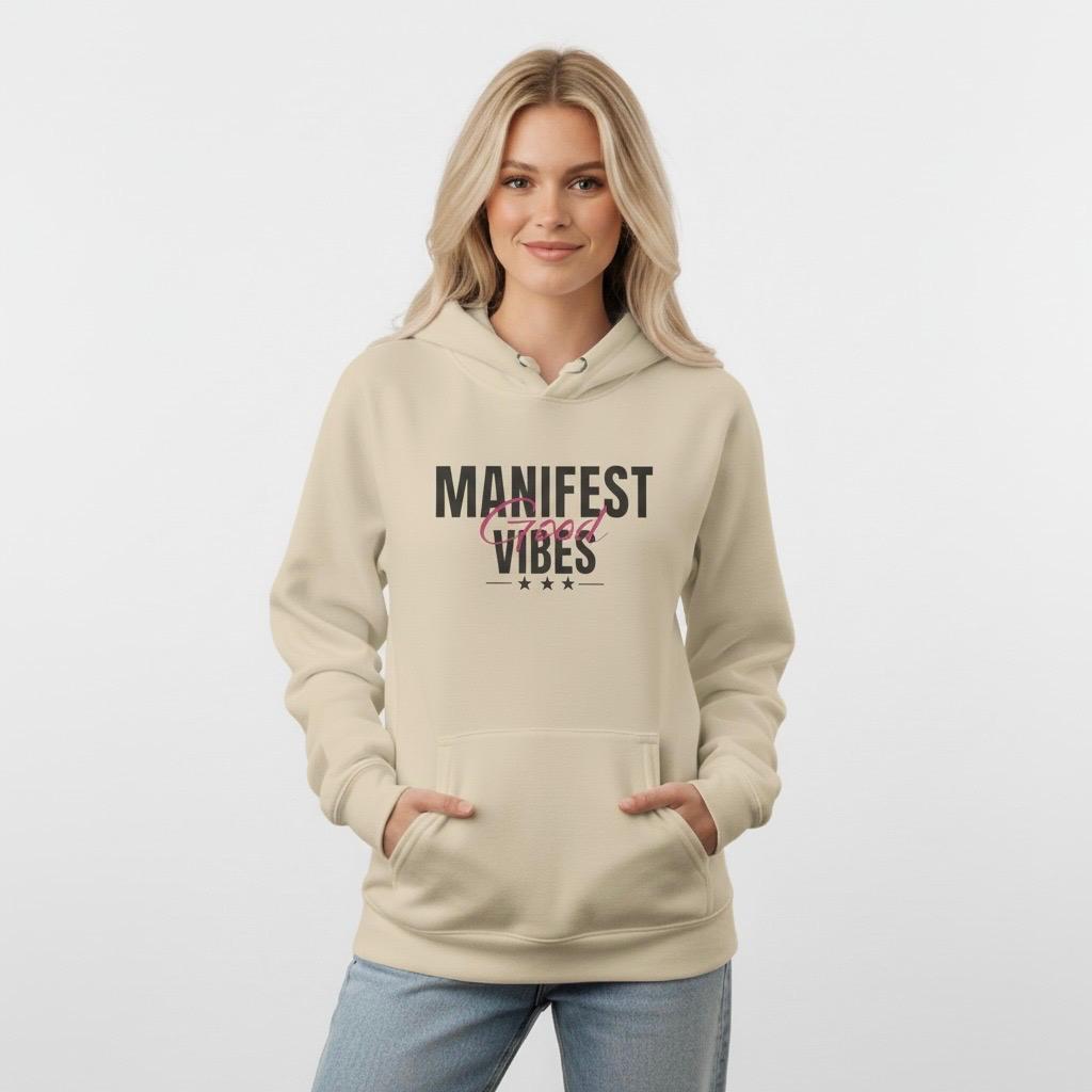Woman wearing a beige Sand hoodie with 'Manifest Good Vibes' text on a white background