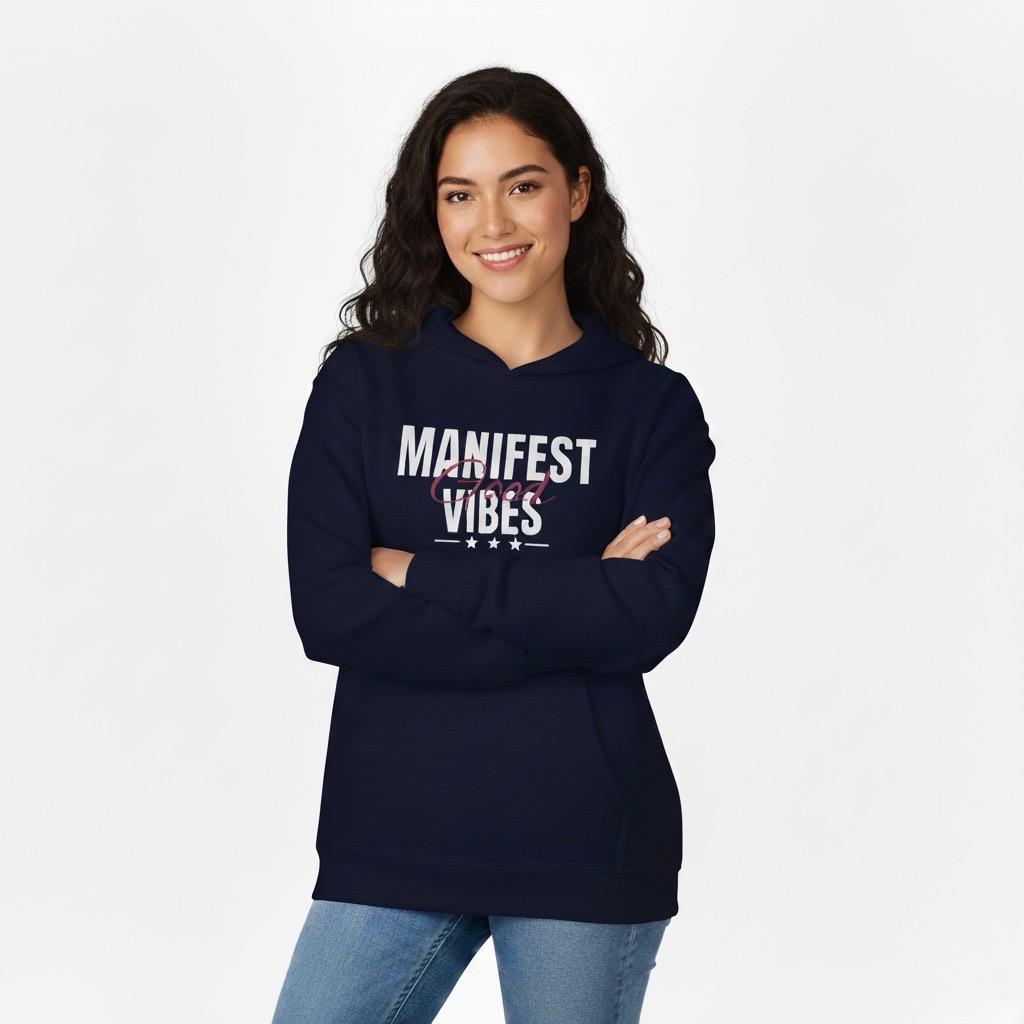 Woman wearing a Navy hoodie with 'MANIFEST GOOD VIBES' text on a white background