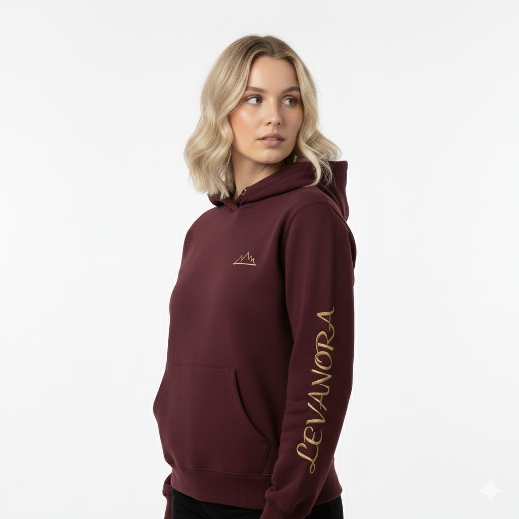 Woman wearing a Maroon hoodie with 'Levanora' branding on a plain background