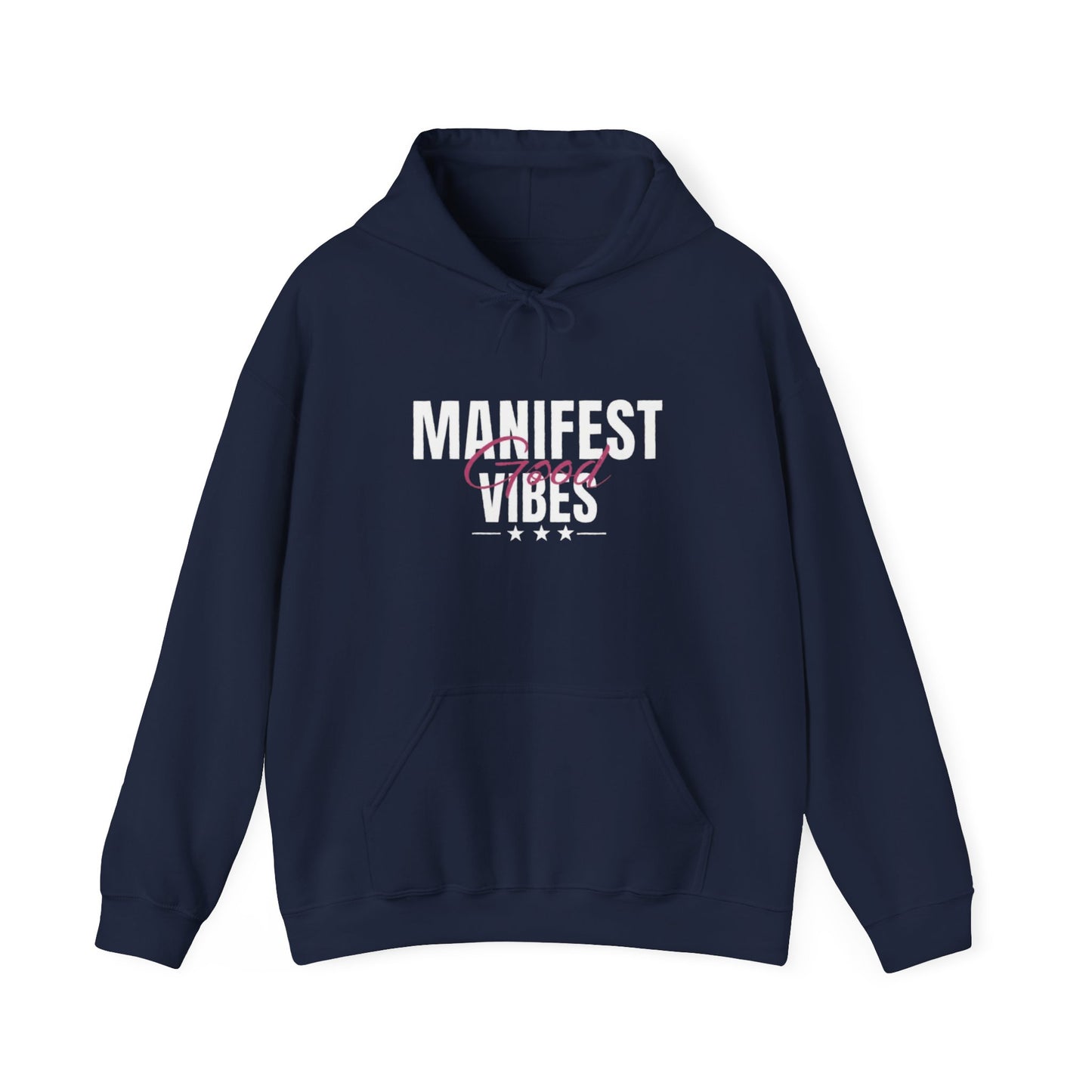 Navy blue hoodie with 'MANIFEST GOOD VIBES' text on a white background