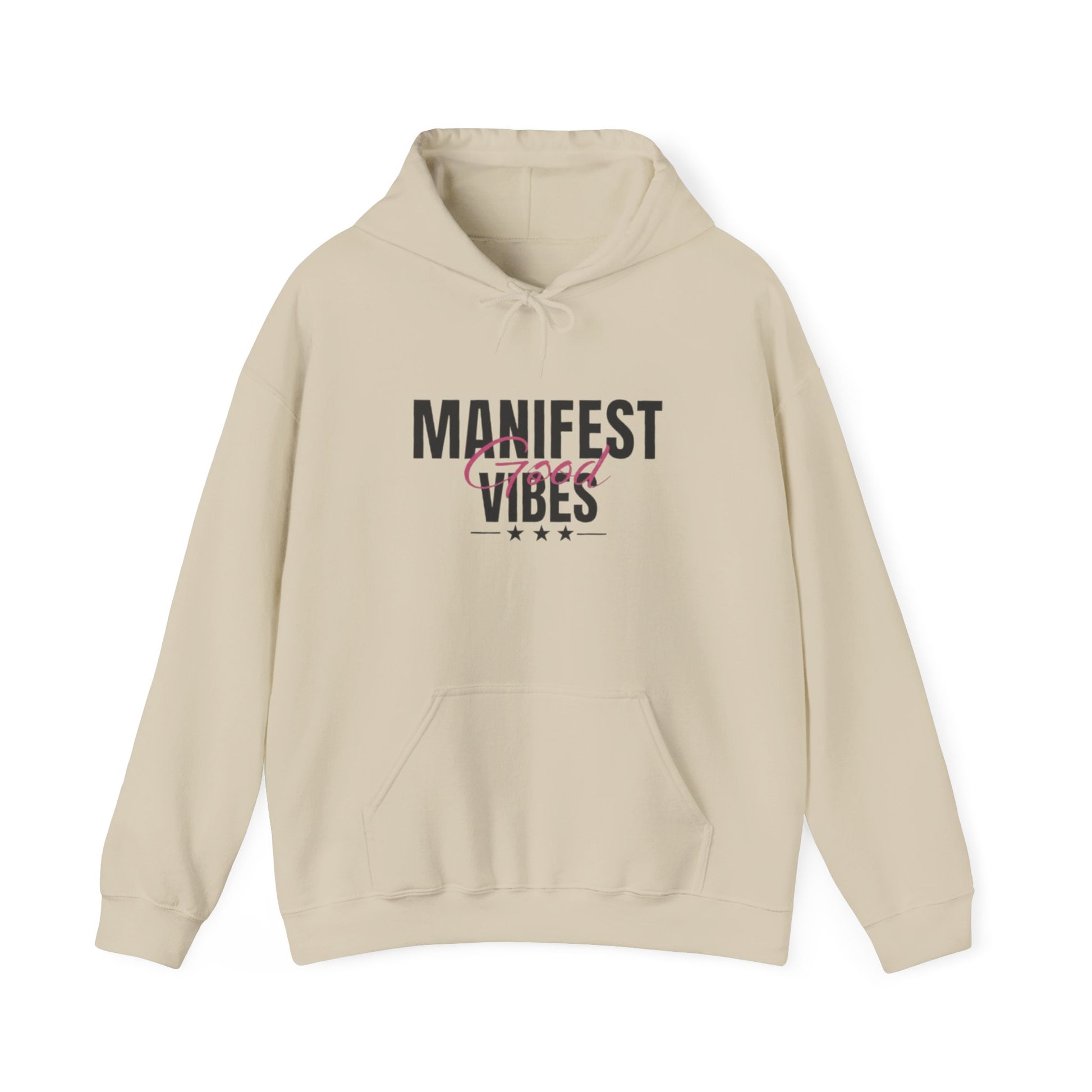 Beige Sand hoodie with 'Manifest Good Vibes' text on a white background
