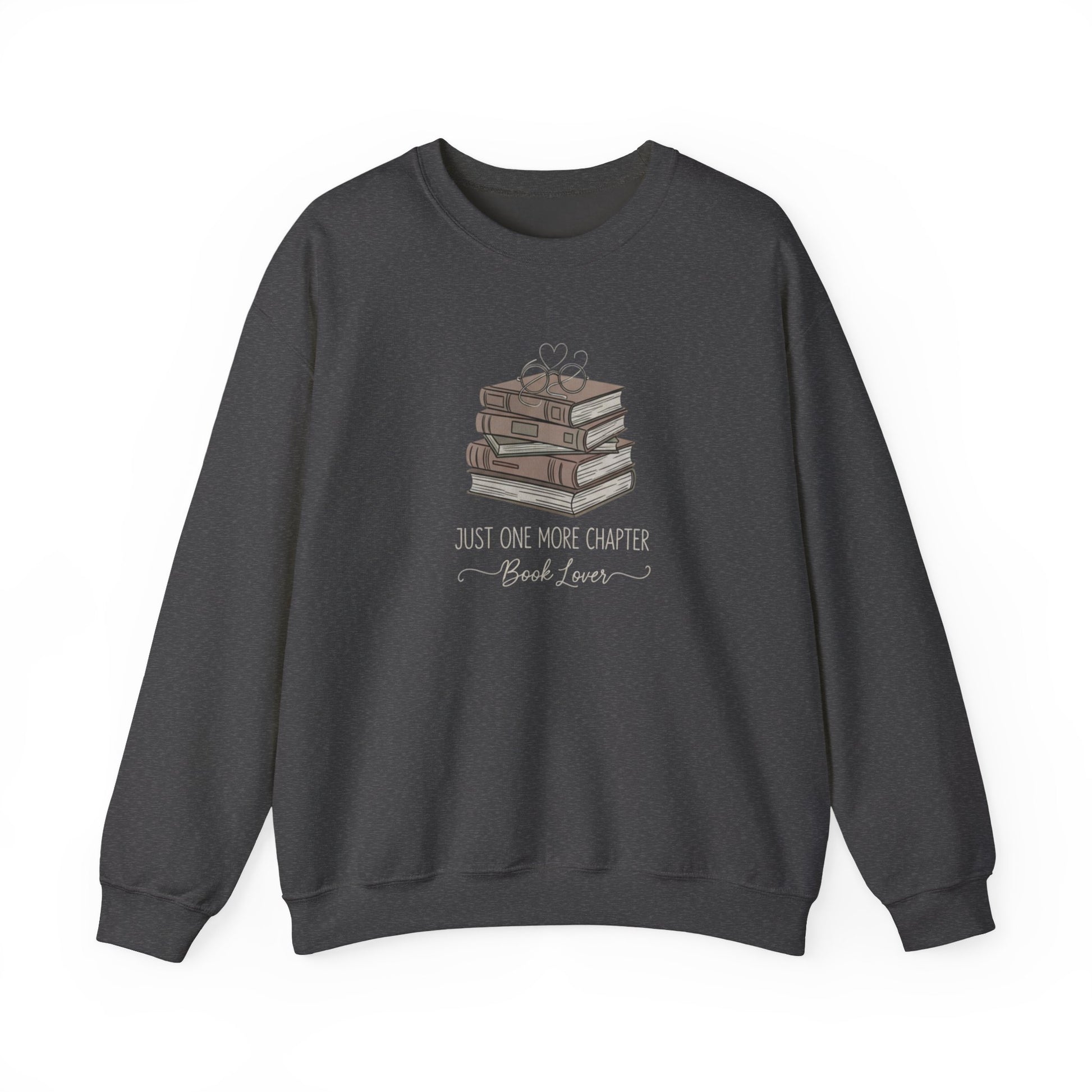 Dark Heather grey sweatshirt with book-themed design on a white background