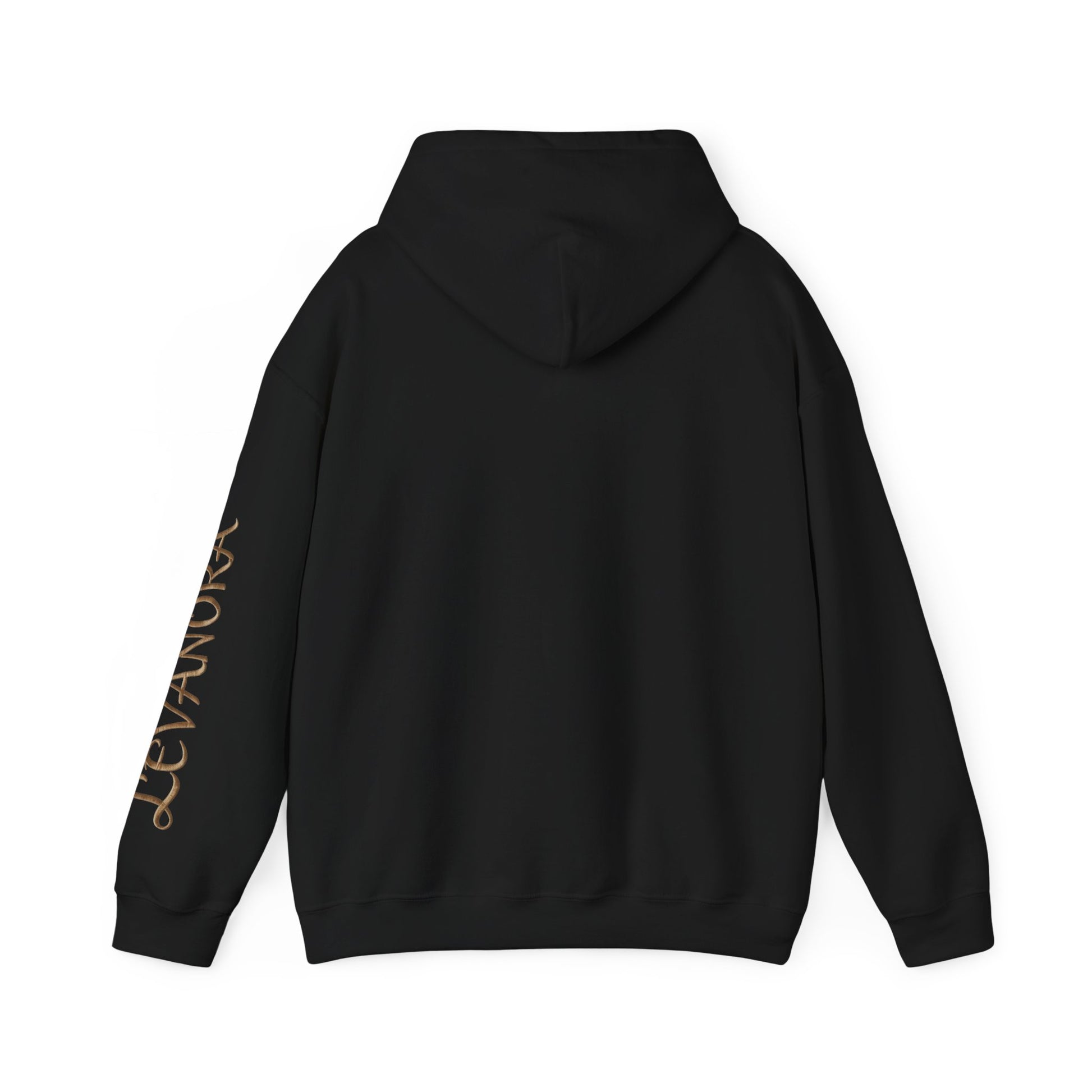 Black hoodie with gold text on sleeve against a white background