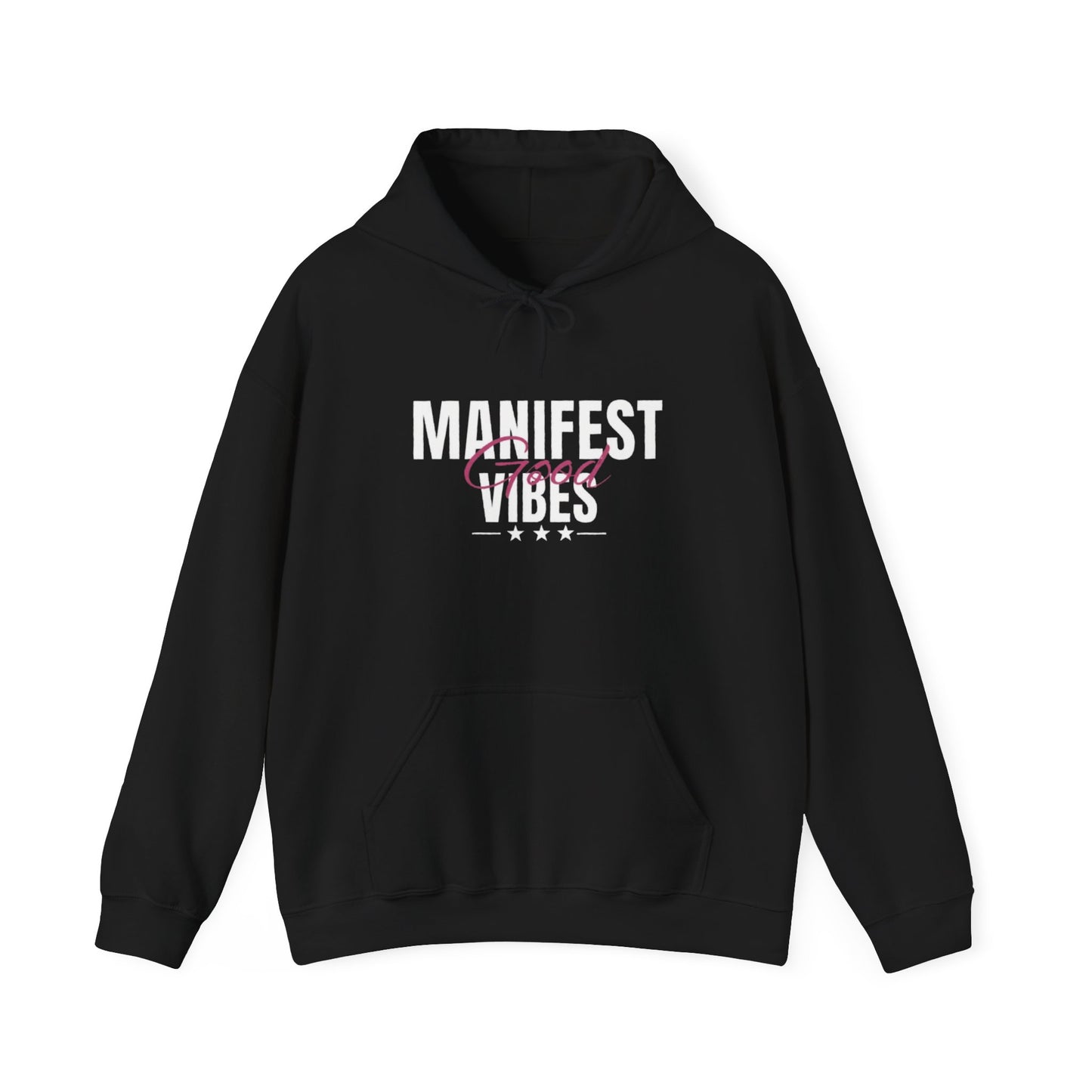 Black hoodie with 'Manifest Good Vibes' text on a white background
