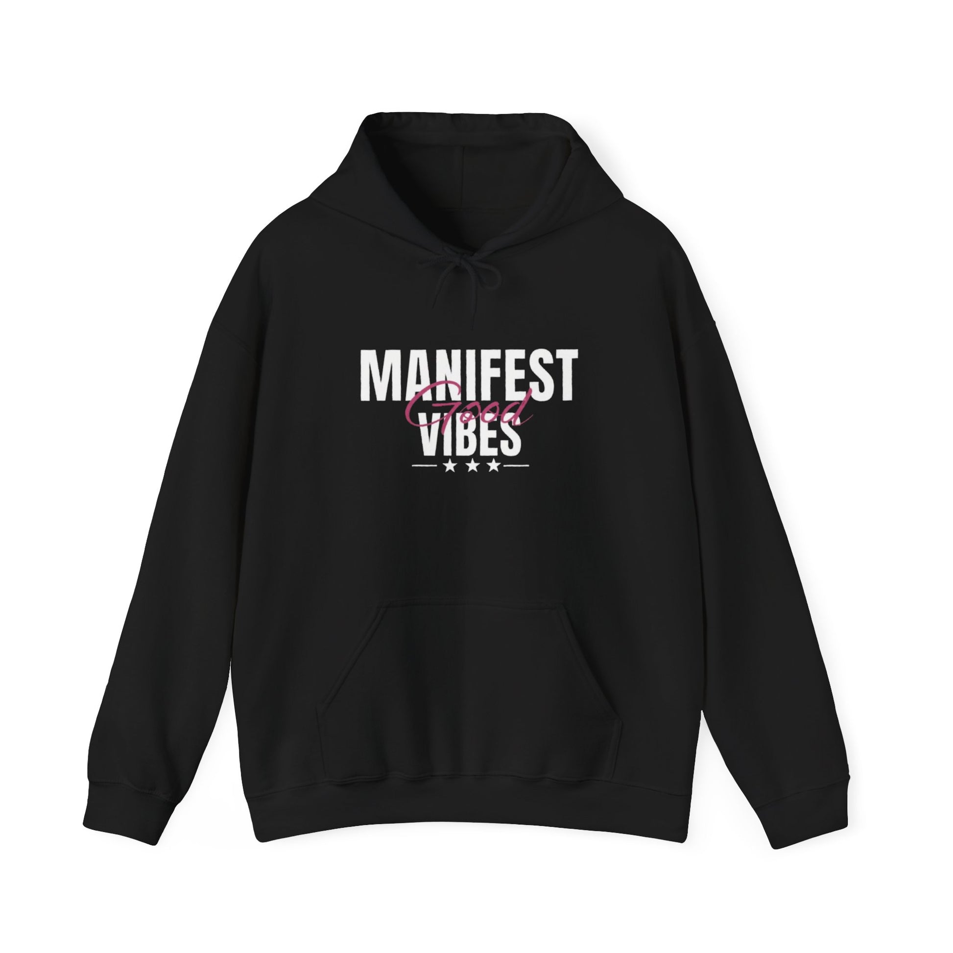 Black hoodie with 'Manifest Good Vibes' text on a white background