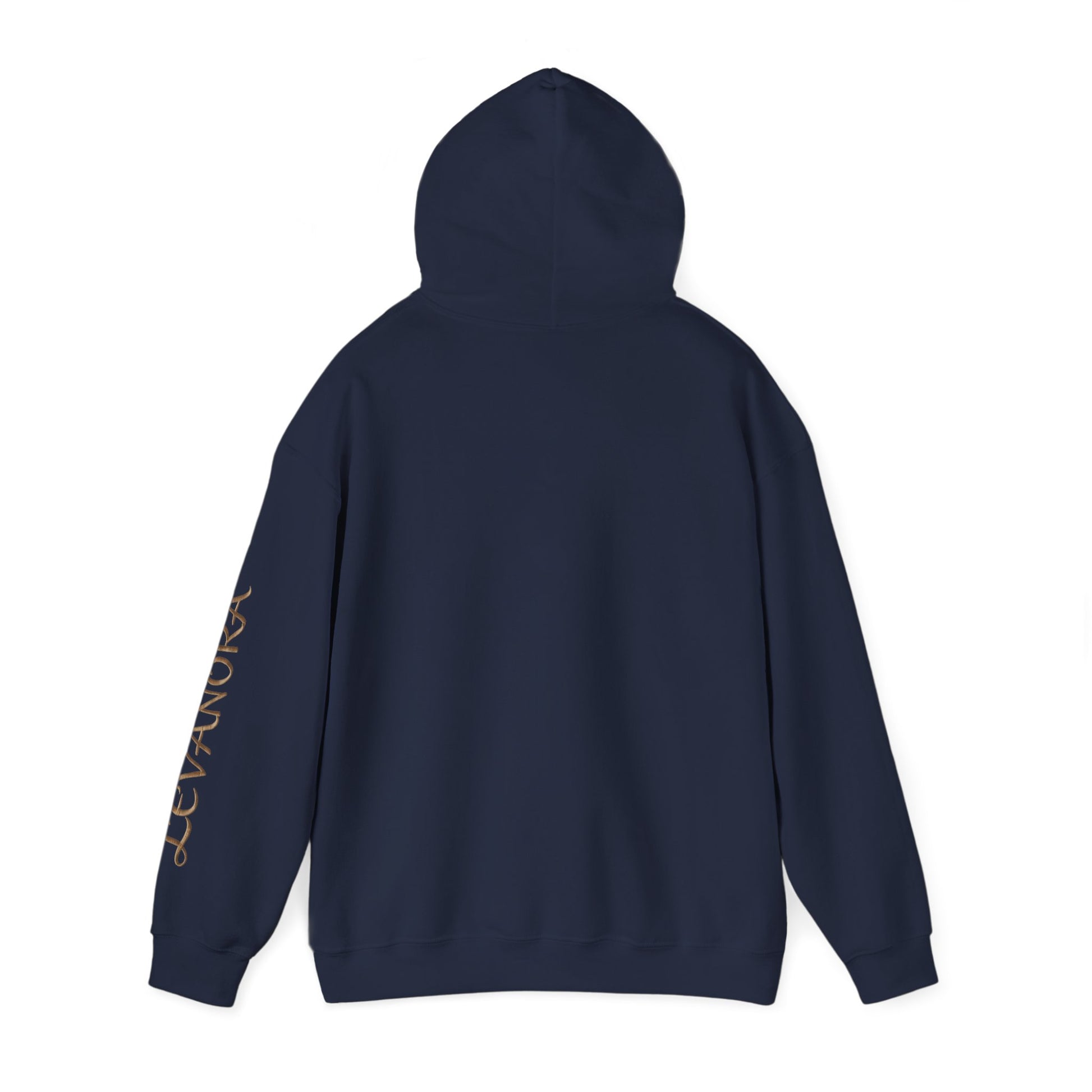 Navy blue hoodie with text on sleeve against a plain background