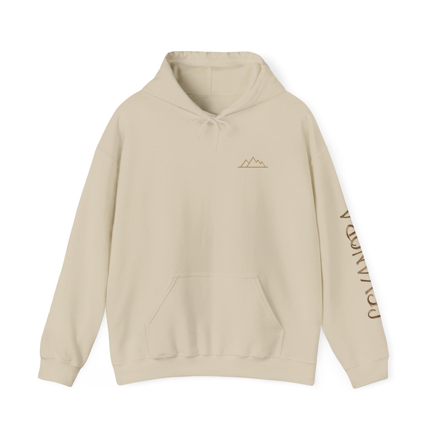 Sand beige hoodie with mountain logo and text on sleeve against a white background