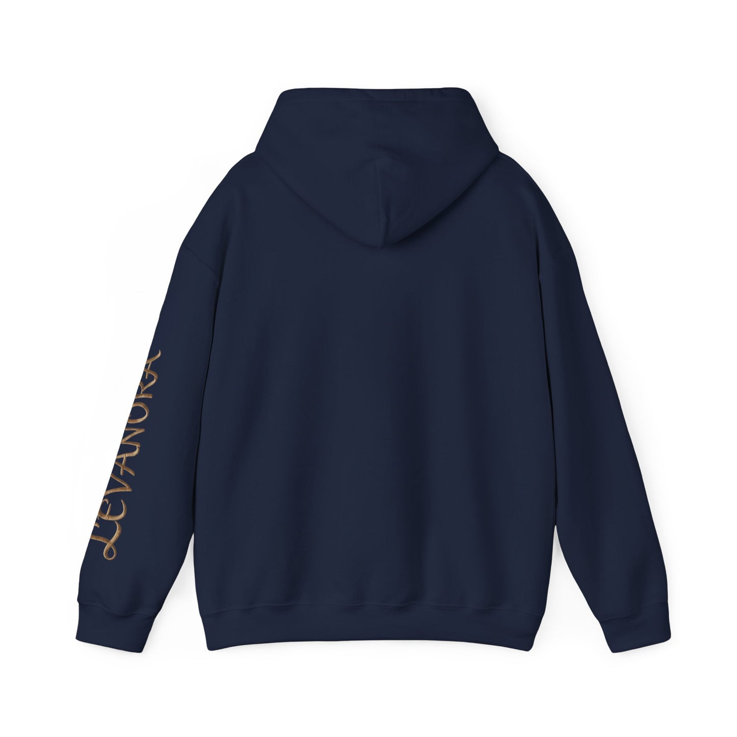 Navy blue hoodie with gold Levanora logo on the back sleeve against a plain background