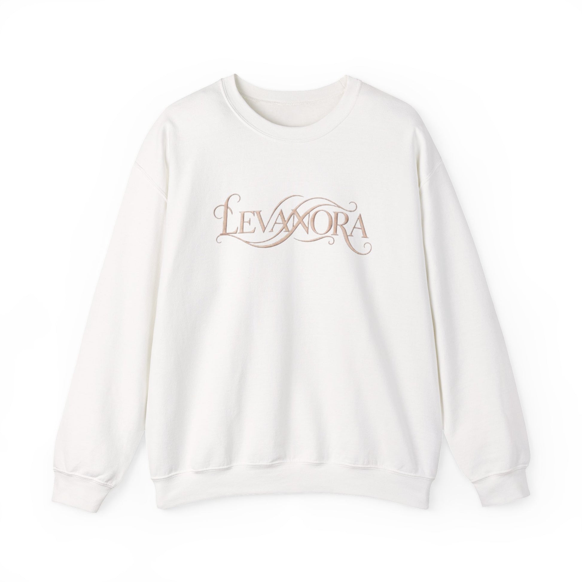 White sweatshirt with 'LEVANORA' text on a white background