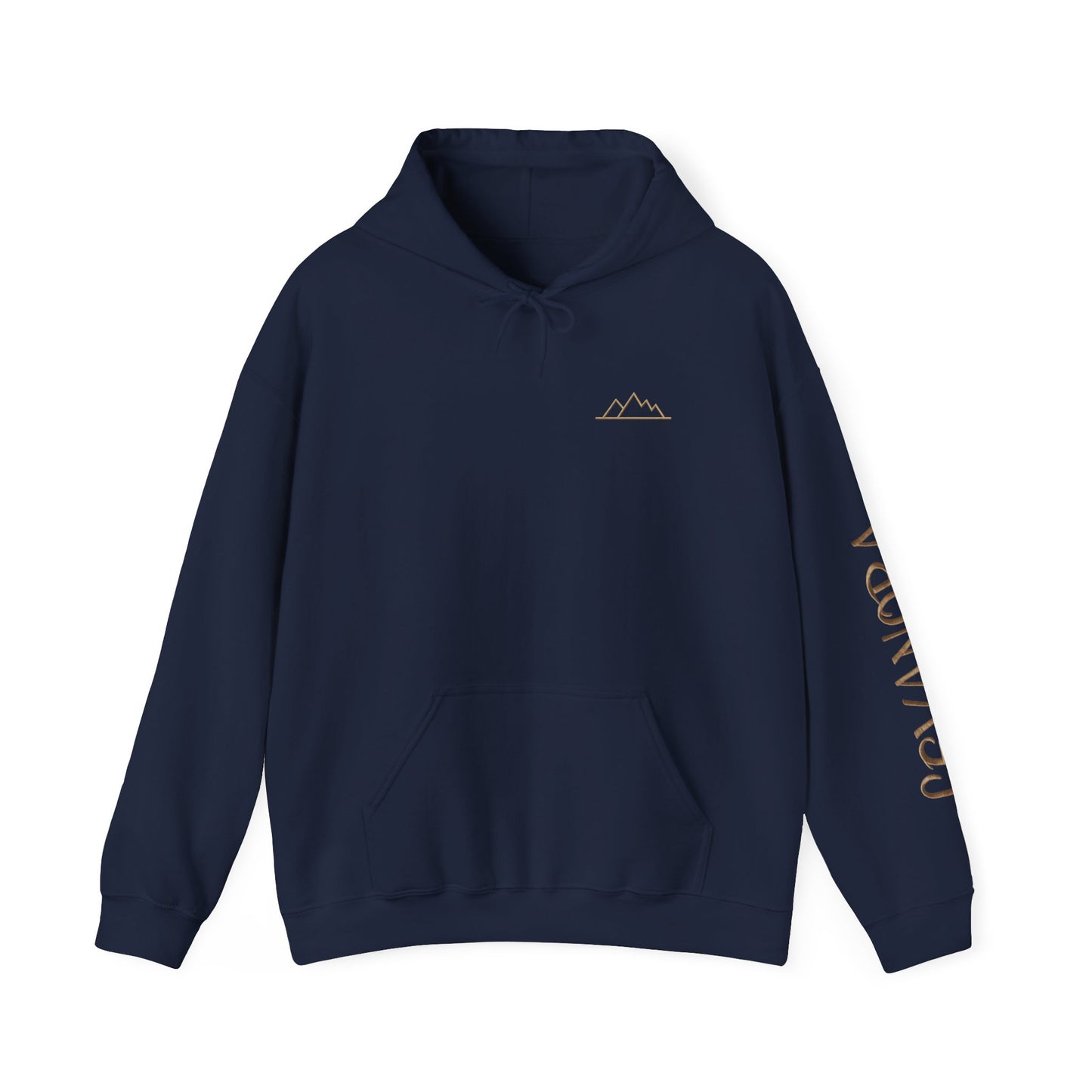 Navy blue hoodie with mountain logo and text on sleeve against a plain background